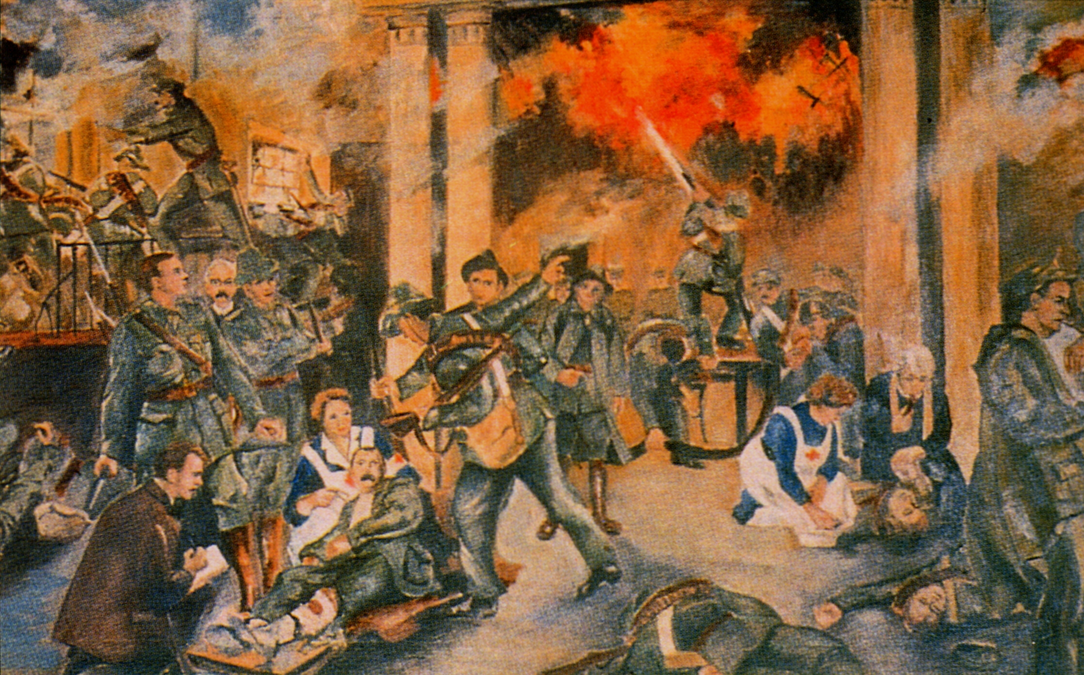 A painting of Dublin fire fighters attempting to extinguish flames engulfing a building. There are orange fires and gray smoke emanating from the columned structure.